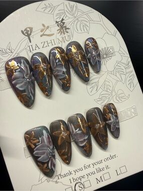 Hand-Painted Floral Stiletto Green Purple Shimmer Press-On Nails in Small